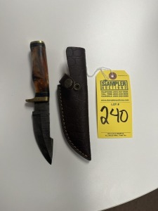 4'' HUNTING & SKINNING KNIFE - CUSTOM HANDMADE DAMASCUS STEEL - RESIN HANDLE - LAMINATED LEATHER SHEATH