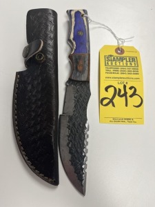 5.5'' HUNTER TRACKING KNIFE - CUSTOM HANDMADE DAMASCUS STEEL - PAKKA WOOD HANDLE - LAMINATED LEATHER SHEATH