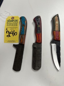 ASSORTED 4'' KNIVES - 1- HUNTING & SKINNING / 2- BULL CUTTER - CUSTOM HANDMADE DAMASCUS STEEL - PAKKA WOOD HANDLE - LAMINATED LEATHER SHEATH