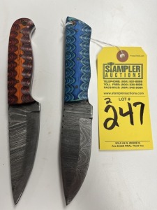 4'' HUNTING & SKINNING KNIVES - CUSTOM HANDMADE DAMASCUS STEEL - PAKKA WOOD HANDLE - LAMINATED LEATHER SHEATH
