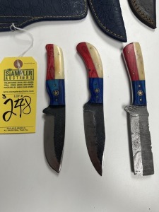 ASSORTED KNIVES - 2- HUNTING & SKINNING / 1- BULL CUTTER - 3- TEXAS COLORS - CUSTOM HANDMADE DAMASCUS STEEL - RESIN HANDLE - LAMINATED LEATHER SHEATH