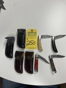 ASSORTED 3'' POCKET KNIVES - CUSTOM HANDMADE DAMASCUS STEEL - 3- PAKKA WOOD HANDLE / 1- RESIN HANDLE - LAMINATED LEATHER SHEATH