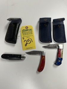 ASSORTED 3'' POCKET KNIVES - CUSTOM HANDMADE DAMASCUS STEEL - 1- PAKKA WOOD HANDLE / 1- PAKKA WOOD & RESIN HANDLE / 1- RESIN HANDLE - LAMINATED LEATHER SHEATH