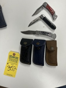ASSORTED 3'' POCKET KNIVES - CUSTOM HANDMADE DAMASCUS STEEL - 1- PAKKA WOOD HANDLE / 2- RESIN HANDLE - LAMINATED LEATHER SHEATH