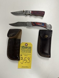 ASSORTED POCKET KNIVES - 1- 3'' / 1- 4'' - CUSTOM HANDMADE DAMASCUS STEEL - PAKKA WOOD HANDLE - LAMINATED LEATHER SHEATH
