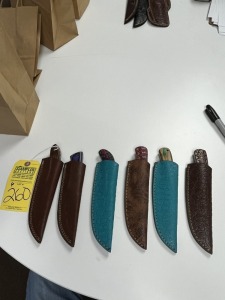 ASSORTED HUNTING & SKINNING KNIVES - CUSTOM HANDMADE DAMASCUS STEEL - PAKKA WOOD HANDLE - LAMINATED LEATHER SHEATH