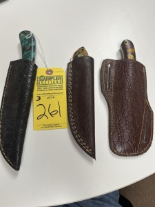 ASSORTED KNIVES - 1- 3'' HUNTING / 1- 4'' BALL CUTTER / 1- 5'' HUNTING - CUSTOM HANDMADE DAMASCUS STEEL - PAKKA WOOD & RESIN HANDLE - LAMINATED LEATHER SHEATH