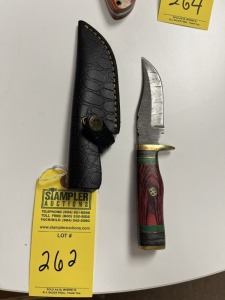 4'' HUNTING & SKINNING KNIFE - CUSTOM HANDMADE DAMASCUS STEEL - PAKKA WOOD HANDLE - LAMINATED LEATHER SHEATH