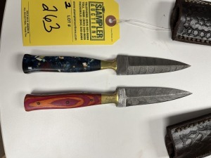 4'' DAGGERS - CUSTOM HANDMADE DAMASCUS STEEL - 1- PAKKA WOOD HANDLE / 1- RESIN HANDLE - LAMINATED LEATHER SHEATH