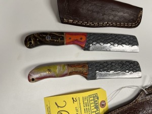BULL CUTTING KNIVES - CUSTOM HANDMADE DAMASCUS STEEL - RESIN HANDLE - LAMINATED LEATHER SHEATH