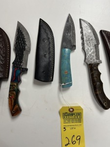 ASSORTED KNIVES - 1- 4'' HUNTING & SKINNING / 2- 5'' HUNTING - CUSTOM HANDMADE DAMASCUS STEEL - RESIN HANDLE - LAMINATED LEATHER SHEATH