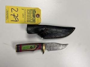 4'' HUNTING & SKINNING KNIFE - CUSTOM HANDMADE DAMASCUS STEEL - PAKKA WOOD HANDLE - LAMINATED LEATHER SHEATH