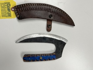 8'' ALASKAN ULU KNIFE - CUSTOM HANDMADE DAMASCUS STEEL - PAKKA WOOD HANDLE - LAMINATED LEATHER SHEATH