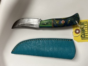 4'' HUNTING & SKINNING KNIFE - CUSTOM HANDMADE DAMASCUS STEEL - PAKKA WOOD HANDLE - LAMINATED LEATHER SHEATH