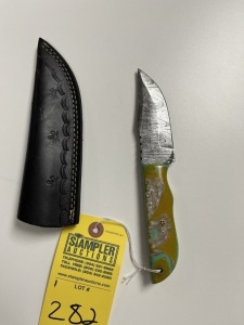 4'' HUNTING & SKINNING KNIFE - CUSTOM HANDMADE DAMASCUS STEEL - RESIN HANDLE - LAMINATED LEATHER SHEATH