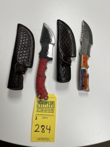 5.5'' HUNTING KNIVES - CUSTOM HANDMADE DAMASCUS STEEL - PAKKA WOOD HANDLE - LAMINATED LEATHER SHEATH