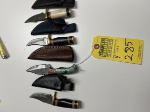ASSORTED 3'' KNIVES - CUSTOM HANDMADE DAMASCUS STEEL - RESIN HANDLE - LAMINATED LEATHER SHEATH