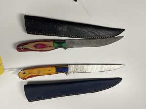 8'' FILET KNIVES - CUSTOM HANDMADE DAMASCUS STEEL - PAKKA WOOD HANDLE - LAMINATED LEATHER SHEATH