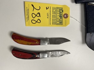 3'' POCKET KNIVES - CUSTOM HANDMADE DAMASCUS STEEL - PAKKA WOOD HANDLE - LAMINATED LEATHER SHEATH