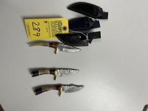 ASSORTED 3'' KNIVES - CUSTOM HANDMADE DAMASCUS STEEL - ANTLER HANDLE - LAMINATED LEATHER SHEATH