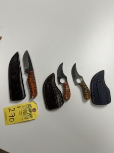 ASSORTED KNIVES - 1- 4'' SKINNING / 2- 3'' SKINNING - CUSTOM HANDMADE DAMASCUS STEEL - PAKKA WOOD HANDLE - LAMINATED LEATHER SHEATH