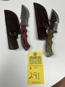 5'' HUNTING KNIVES - CUSTOM HANDMADE DAMASCUS STEEL - PAKKA WOOD HANDLE - LAMINATED LEATHER SHEATH