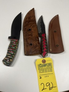 ASSORTED HUNTING & SKINNING KNIVES - 1- 6'' / 1- 4'' - CUSTOM HANDMADE DAMASCUS STEEL - PAKKA WOOD HANDLE - LAMINATED LEATHER SHEATH