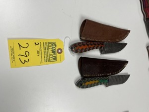 4'' HUNTING & SKINNING KNIVES - CUSTOM HANDMADE DAMASCUS STEEL - PAKKA WOOD HANDLE - LAMINATED LEATHER SHEATH