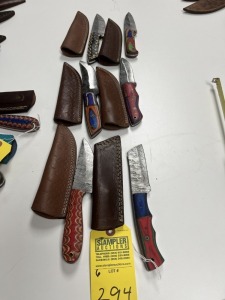 ASSORTED 4'' KNIVES - 5- HUNTING & SKINNING / 1- BULL CUTTING - CUSTOM HANDMADE DAMASCUS STEEL - PAKKA WOOD HANDLE - LAMINATED LEATHER SHEATH