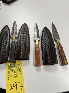 4'' DAGGERS - CUSTOM HANDMADE DAMASCUS STEEL - PAKKA WOOD HANDLE - LAMINATED LEATHER SHEATH