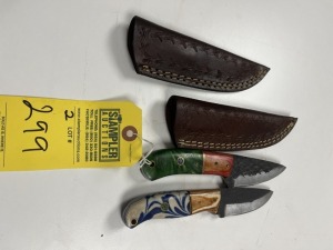 3'' HUNTING & SKINNING KNIVES - CUSTOM HANDMADE DAMASCUS STEEL - PAKKA WOOD & RESIN HANDLE - LAMINATED LEATHER SHEATH