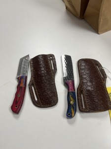 3'' BULL CUTTING KNIVES - CUSTOM HANDMADE DAMASCUS STEEL - PAKKA WOOD & RESIN HANDLE - LAMINATED LEATHER SHEATH
