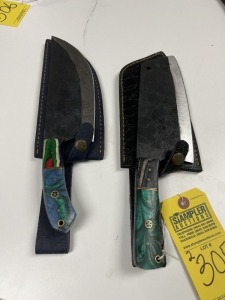 ASSORTED CLEAVERS - 1- 7'' / 1- 8'' - CUSTOM HANDMADE DAMASCUS STEEL - PAKKA WOOD & RESIN HANDLE - LAMINATED LEATHER SHEATH