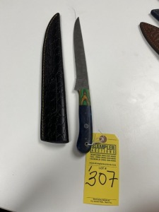 8'' FILET KNIFE - CUSTOM HANDMADE DAMASCUS STEEL - RESIN HANDLE - LAMINATED LEATHER SHEATH