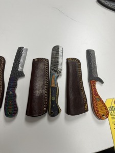 ASSORTED 4'' BULL CUTTING KNIVES - CUSTOM HANDMADE DAMASCUS STEEL - PAKKA WOOD HANDLE - LAMINATED LEATHER SHEATH