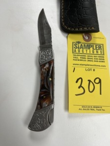 3.5'' POCKET KNIFE - CUSTOM HANDMADE DAMASCUS STEEL - RESIN HANDLE - LAMINATED LEATHER SHEATH