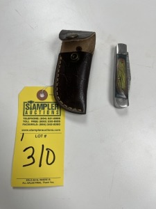 3'' POCKET KNIFE - CUSTOM HANDMADE DAMASCUS STEEL - PAKKA WOOD HANDLE - LAMINATED LEATHER SHEATH