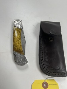 4'' POCKET KNIFE - CUSTOM HANDMADE DAMASCUS STEEL - RESIN HANDLE - LAMINATED LEATHER SHEATH