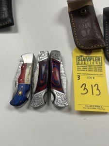 ASSORTED 3'' POCKET KNIVES - CUSTOM HANDMADE DAMASCUS STEEL - 2- PAKKA WOOD HANDLE / 2- TEXAS COLOR PAKKA WOOD & RESIN HANDLE - LAMINATED LEATHER SHEATH