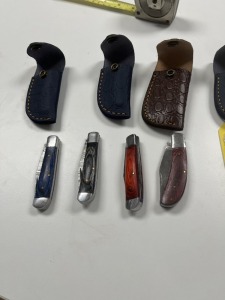 3'' POCKET KNIVES - CUSTOM HANDMADE DAMASCUS STEEL - PAKKA WOOD HANDLE - LAMINATED LEATHER SHEATH