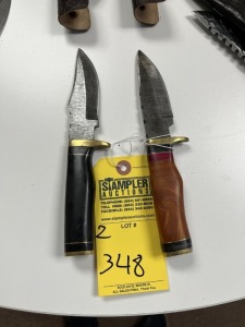 ASSORTED 4'' HUNTING & SKINNING KNIVES - CUSTOM HANDMADE DAMASCUS STEEL - RESIN HANDLE - LAMINATED LEATHER SHEATH
