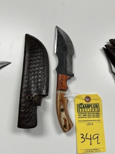 5.5'' HUNTING & SKINNING KNIFE - CUSTOM HANDMADE DAMASCUS STEEL - PAKKA WOOD HANDLE - LAMINATED LEATHER SHEATH
