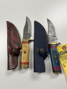 ASSORTED 4'' HUNTING & SKINNING KNIVES - CUSTOM HANDMADE DAMASCUS STEEL - PAKKA WOOD HANDLE - LAMINATED LEATHER SHEATH