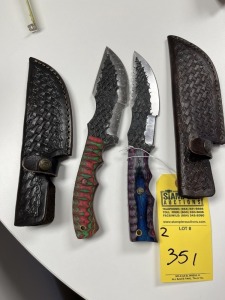 ASSORTED 6'' HUNTING & SKINNING KNIVES - CUSTOM HANDMADE DAMASCUS STEEL - PAKKA WOOD HANDLE - LAMINATED LEATHER SHEATH