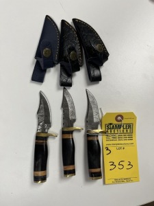 ASSORTED 3'' SKINNING KNIVES - CUSTOM HANDMADE DAMASCUS STEEL - RESIN HANDLE - LAMINATED LEATHER SHEATH