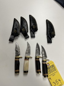 ASSORTED 3'' SKINNING KNIVES - CUSTOM HANDMADE DAMASCUS STEEL - RESIN HANDLE - LAMINATED LEATHER SHEATH