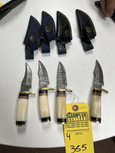 ASSORTED 3'' SKINNING KNIVES - CUSTOM HANDMADE DAMASCUS STEEL - RESIN HANDLE - LAMINATED LEATHER SHEATH