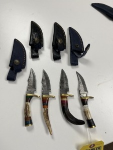 ASSORTED 3'' SKINNING KNIVES - CUSTOM HANDMADE DAMASCUS STEEL - BONE HANDLE - LAMINATED LEATHER SHEATH