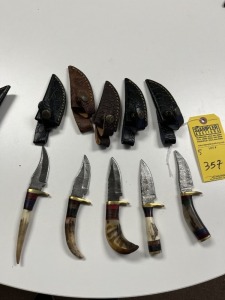 ASSORTED 3'' SKINNING KNIVES - CUSTOM HANDMADE DAMASCUS STEEL - BONE HANDLE - LAMINATED LEATHER SHEATH