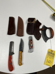 ASSORTED KNIVES - 1- 4'' HUNTING & SKINNING / 1- 4'' BULL CUTTING / 1- 6'' ULU / 1- 4'' POCKET - CUSTOM HANDMADE DAMASCUS STEEL - LAMINATED LEATHER SHEATH